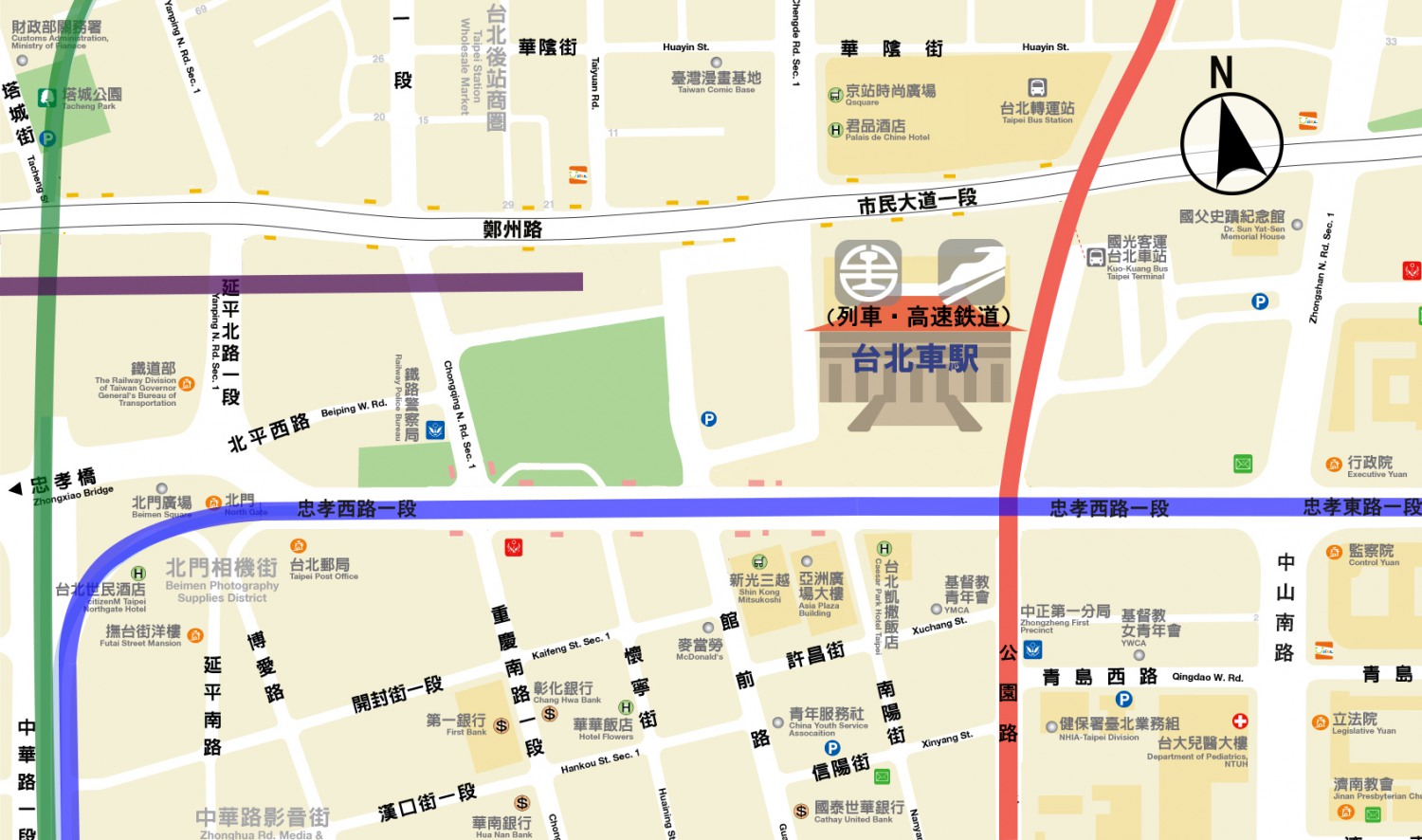 鉄道・高速鉄道「台北車駅」の位置<br />※クリックで拡大表示